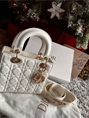 Dior Cream Quilted Mini Lady Bag with Gold Hardware